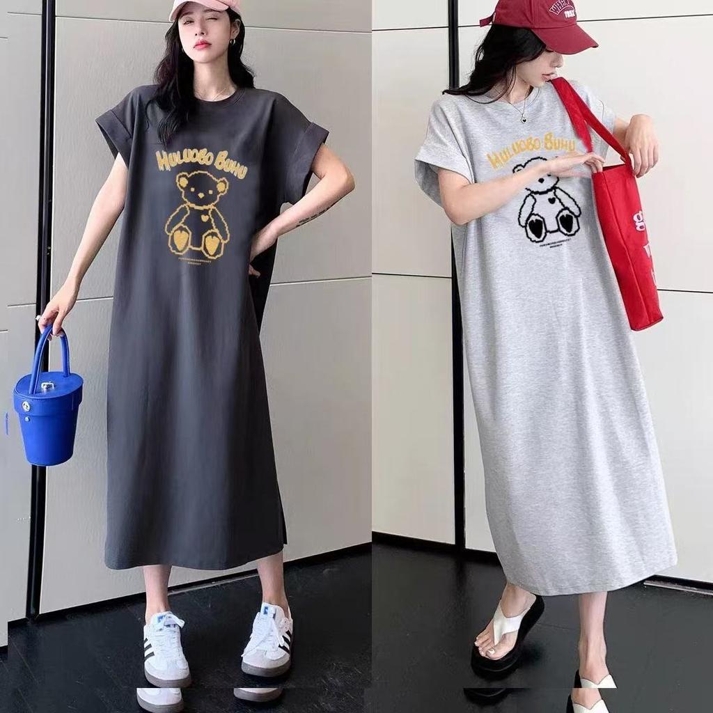 Fun Cartoon Short-sleeved T-shirt Dress for Women, Slimming Long Dress, Knee-length Dress