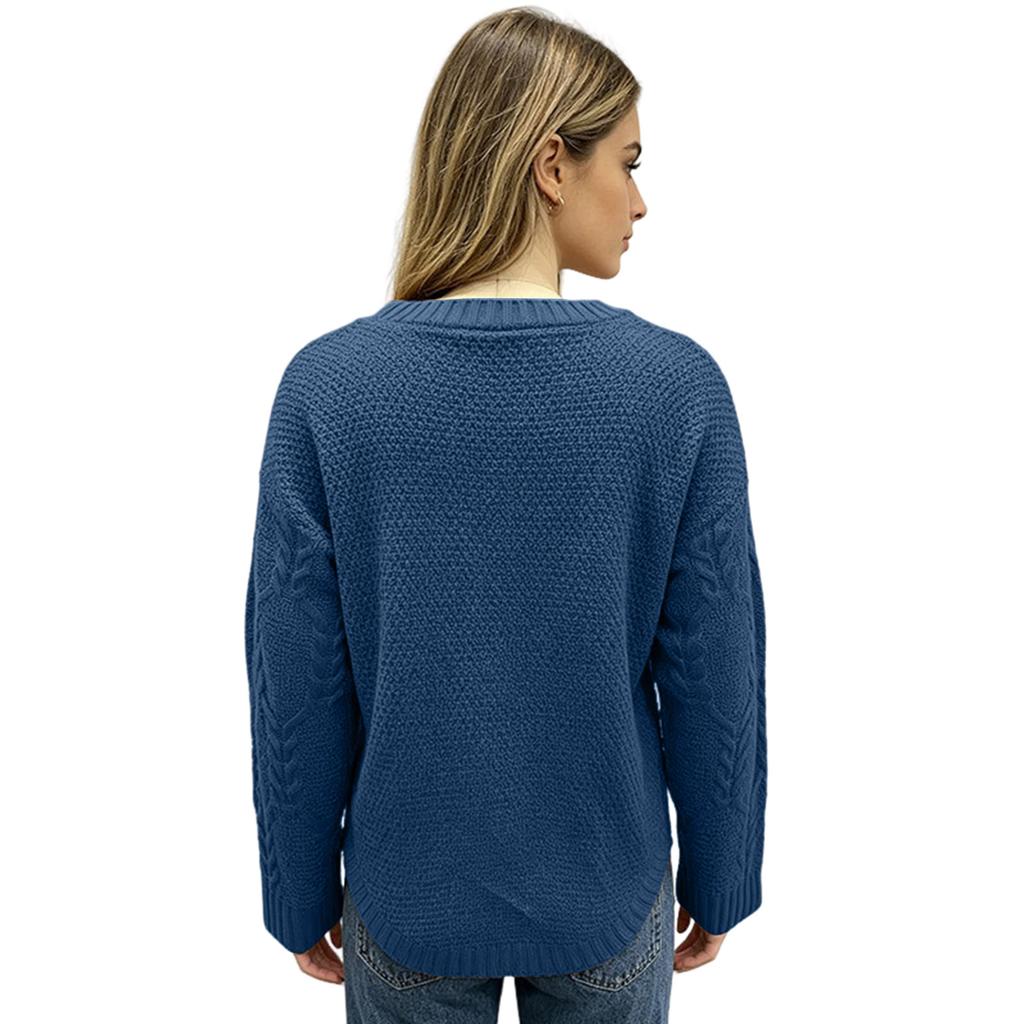 Women's V-Neck Cable Knit Long Sleeve Slim Fit Pullover Sweater
