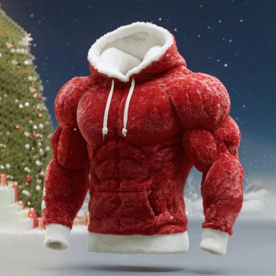 Men Muscle Hoodie Flannel Hooded Sweatshirt with Kangaroo Pocket Hunky Funny Pullover for Christmas Costume Street Wear Party
