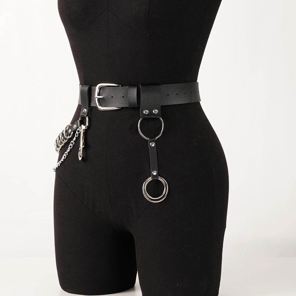 Black Faux Leather Belt with Chain and Ring Detail | Trendy Women's Fashion Accessory | Perfect for Dresses, Jeans, and Skirts
