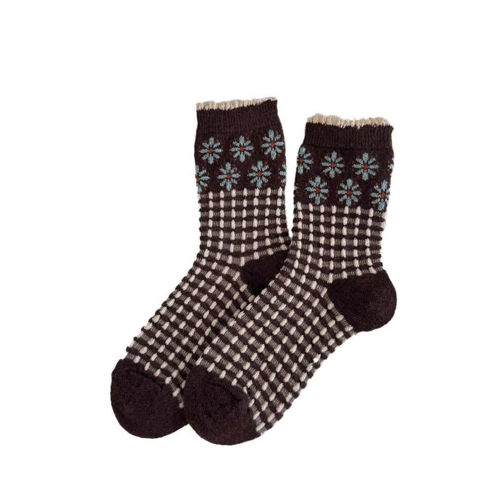 Retro Wool Socks, Flower Mid-calf Socks, Pile Socks, Coffee-colored Warm Thickened Geometric Mid-calf Socks