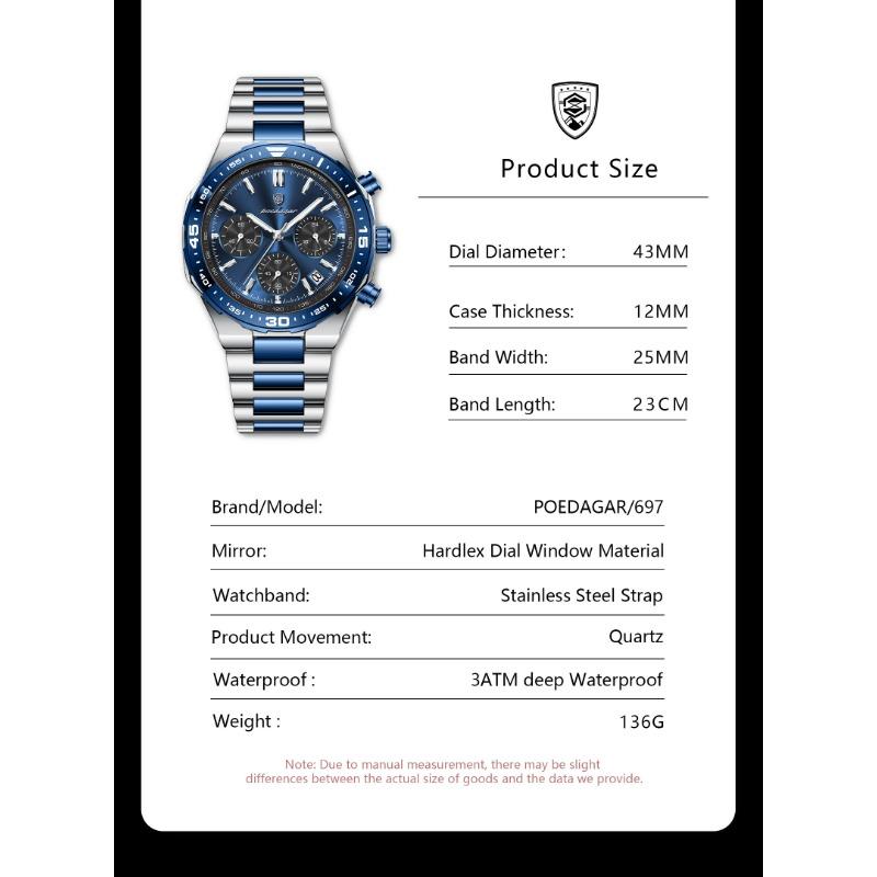 POEDAGAR Top Luxury Man Wristwatch Date Waterproof Luminous Chronograph Watch for Men Stainless Steel Quartz Watches Reloj