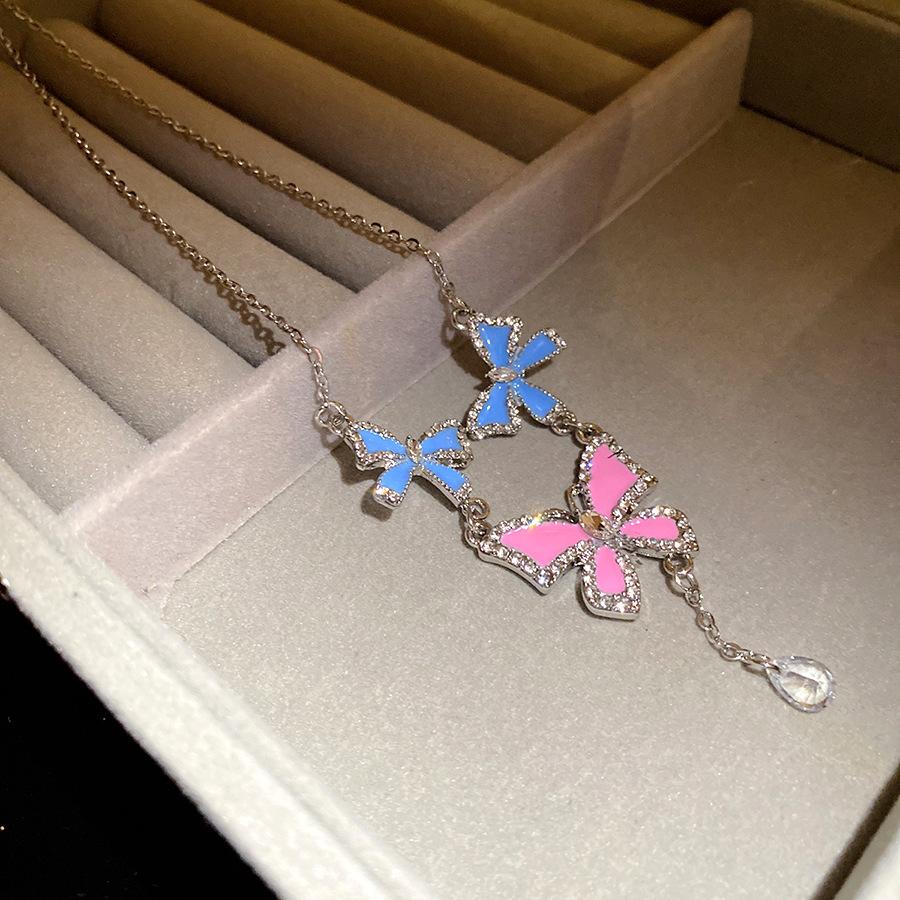 New Contrast Color Butterfly Crystal Tassel Jewelry Set Sweet Clavicle Chain Accessories