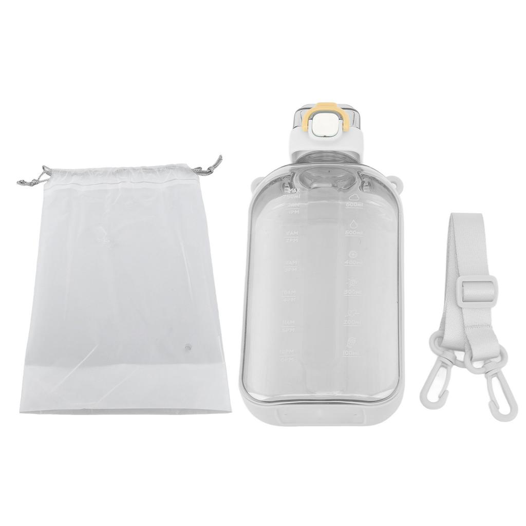 750ml 25oz Large Capacity Motivational Water Bottle Portable Sports Water Kettle with Time Marker Shoulder Strap White