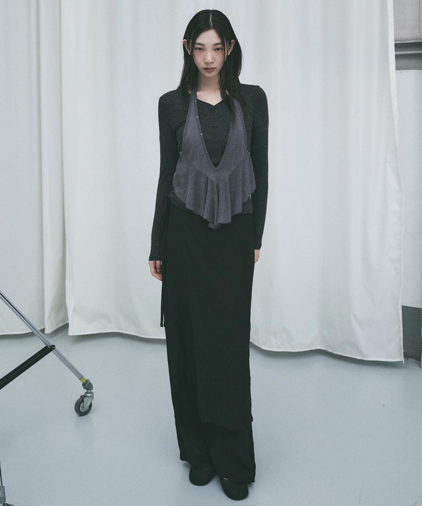 Nigaennikol Wrinkle Layered Wrap Skirt Pants_Black