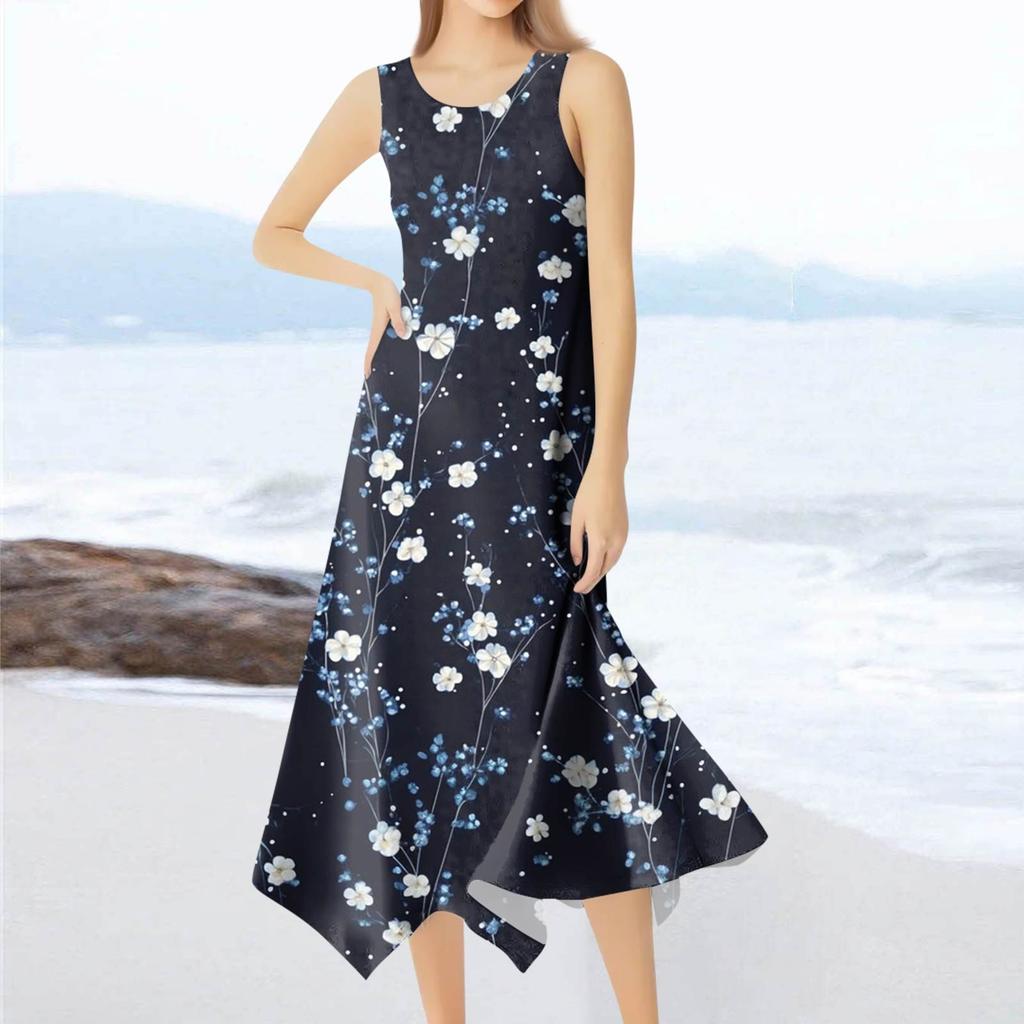 Lässiges, modisches Damen-Midikleid mit Rundhalsausschnitt, ärmellos, Blumendruck, unregelmäßiger Saum