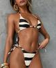 Damski Kostium Kąpielowy Seksowny Czarno-Biały Wzór Młotek Szyja Bok Fala Dwuczęściowy Kostium Kąpielowy Zestaw Bikini Odzież Plażowa Stroje Kąpielowe