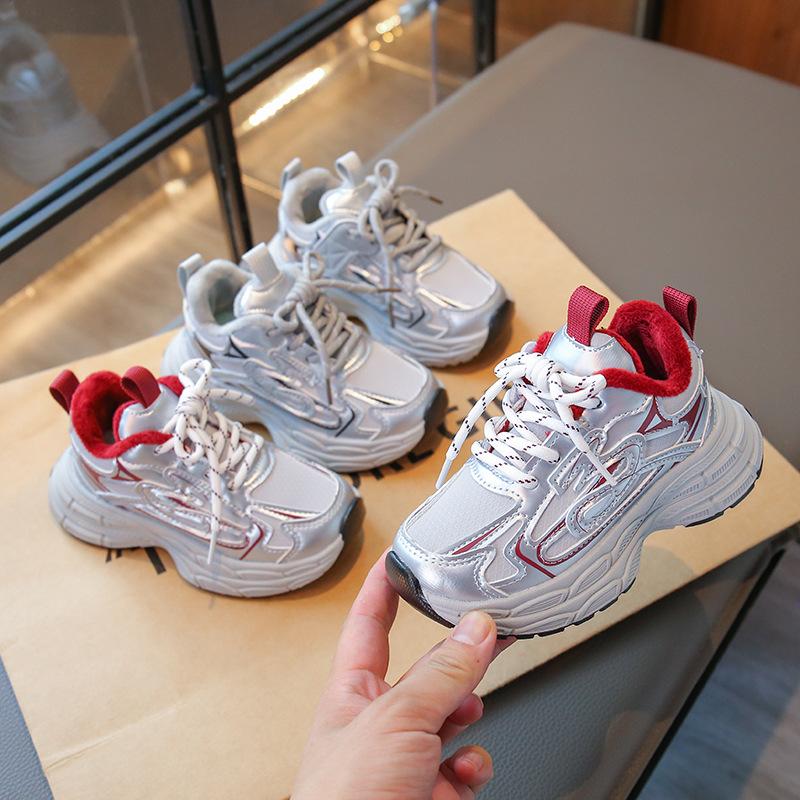 Children's velvet sports shoes girls' dad shoes 2025 new autumn and winter boys' running shoes medium and older children's casual shoes