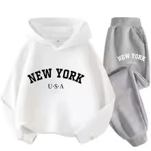 Herbst Warm New York Letter Cool Grafikdruck Kinder Langarm Hoodie + Hose Anzug 2er Set Sweatshirt Junge Mädchen Kind Sportbekleidung
