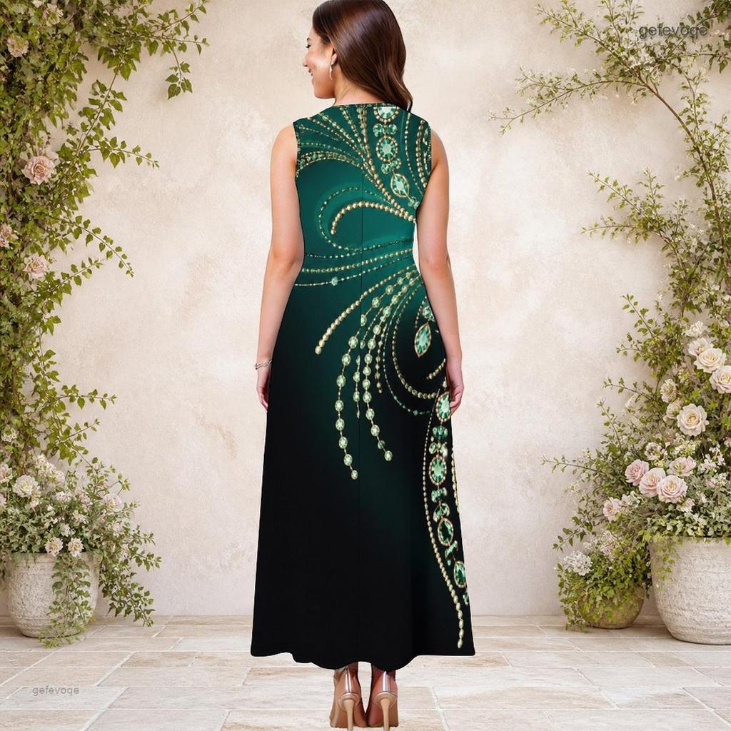 Women Plus Size Keyhole Neck Sleeveless Printed A Line Long Dress Dark Green And Gold