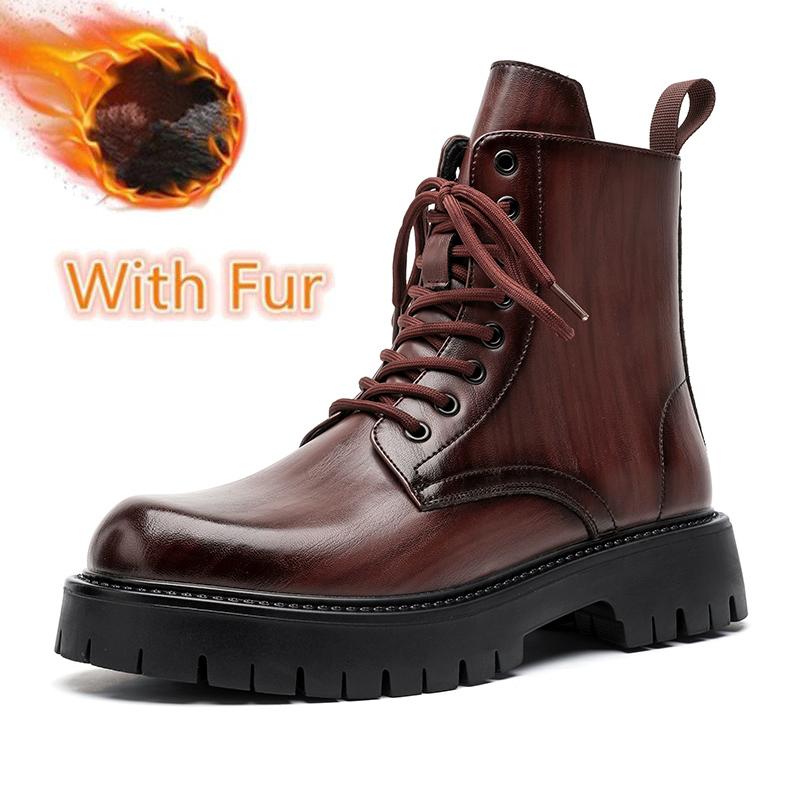 

Повседневная кожаная мужская обувь хайтопы, толстая подошва, мужские мотоботы на шнуровке, однотонные полусапоги до середины икры, ботильоны, теплая плюшевая меховая обувь 46