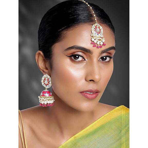Traditional Gold Plated Jhumki Earrings with Maang Tikka Jewellery Set for Women Girls