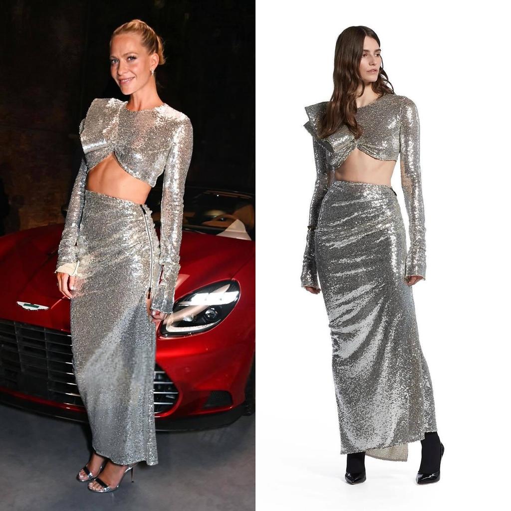 Spring and Autumn European-American Women's Two-Piece: Silver Sequin Long Skirt and Top