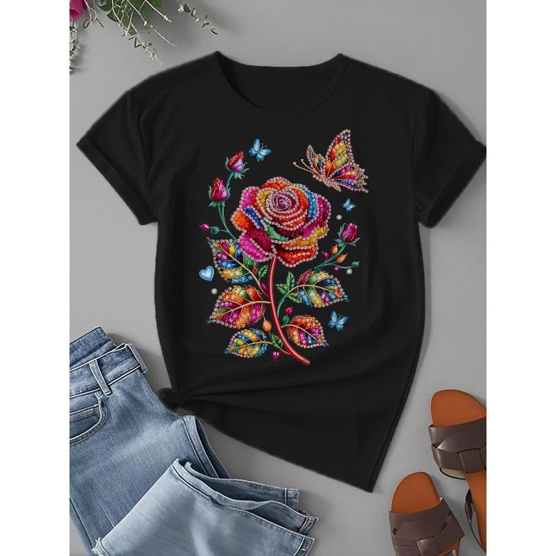 European Size Vibrant Multi Colored Rose with Butterflies Women Say Summer Casual Tee | Basic Short Sleeve Crew Neck Tee Soft Breathable Fabric