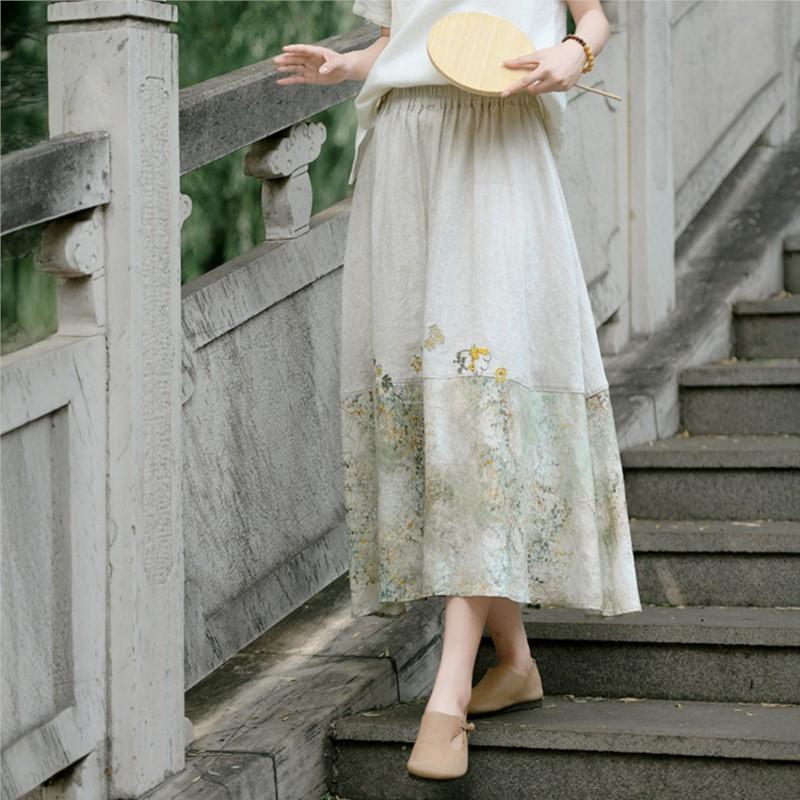 Johnature Women Vintage Print Floral Skirts Patchwork Color Cloths Summer Chinese Style High Quality Female Skirts