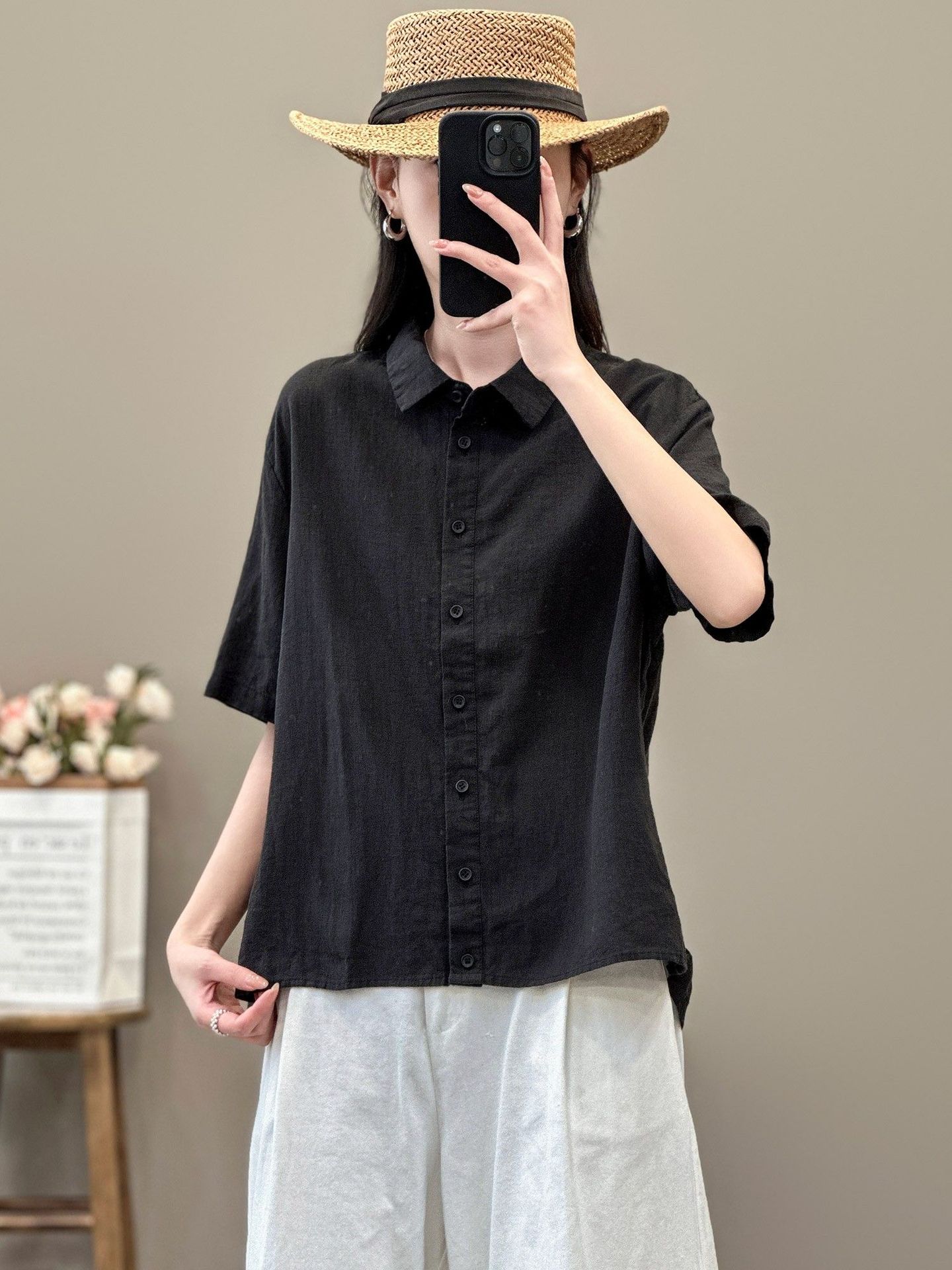 

Literary and retro style linen shirt women s summer temperament commuting solid color versatile lapel cotton and linen five-quarter sleeve top women M чорний