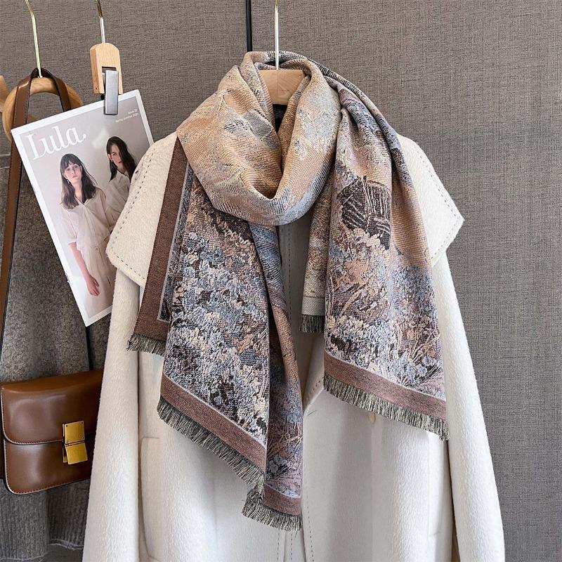 Autumn New Retro Oil Painting Printed Scarf High-end Imitation Cashmere Wool Thickened Warm Scarf Multi-functional Shawl