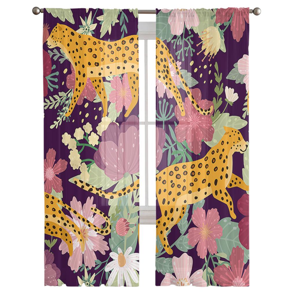 Leopard On Colored Flowers Tulle Sheer Window Curtains for Living Room Kitchen Children Bedroom Voile Hanging Curtain
