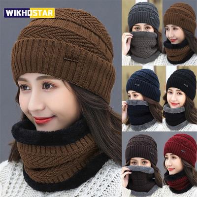Men Women Winter Beanie Hat Scarf Casual Thermal Fleece Knitted Hat Soft Warm Balaclava Wool Neck Warmer Scarf Cap