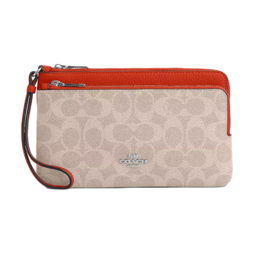 COACH Double Zip Wallet 20 Brand Logo Embossed Coated Canvas Wallet Small Women wallet Deep-Orange CX161-SVXIK Dark Orange