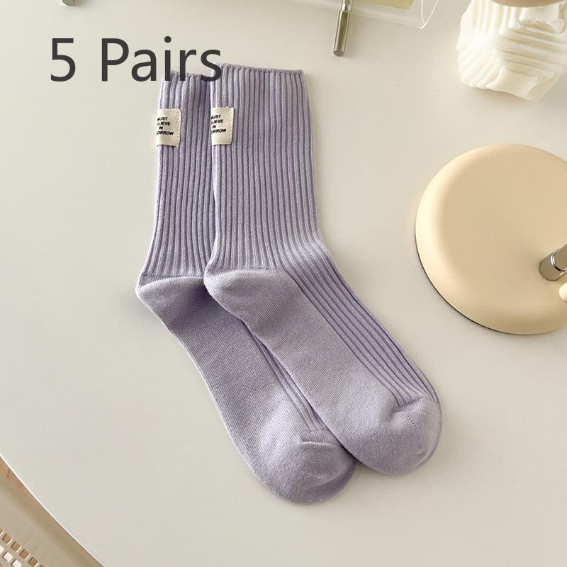 5 Pairs of Women's Spring and Summer New Cotton Heel Cloth Label In The Tube Pile Socks