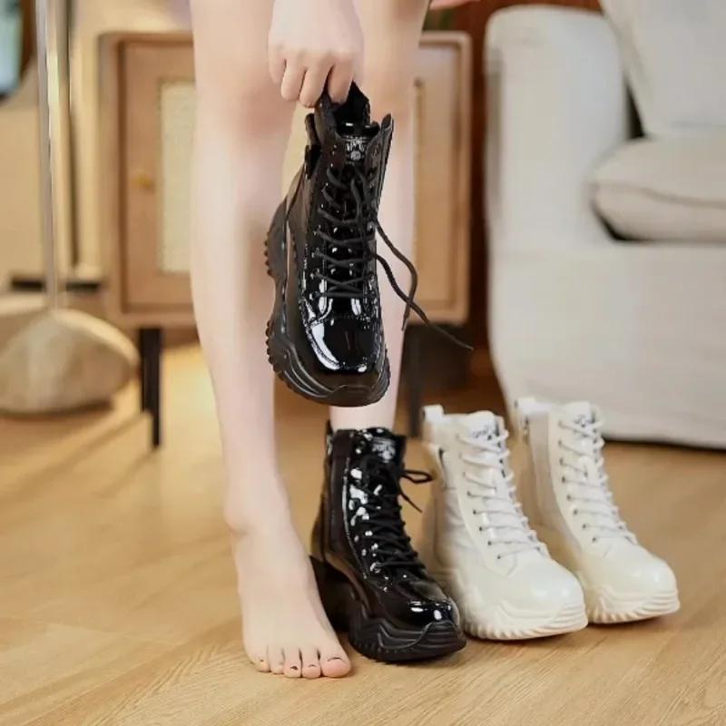 Mode 7CM Echtes Leder Winter Plateau Keilabsatz Versteckter Absatz Damen Stiefeletten Lässige Klobige Sneakers Hohe Absätze Frühling Herbst Schuhe