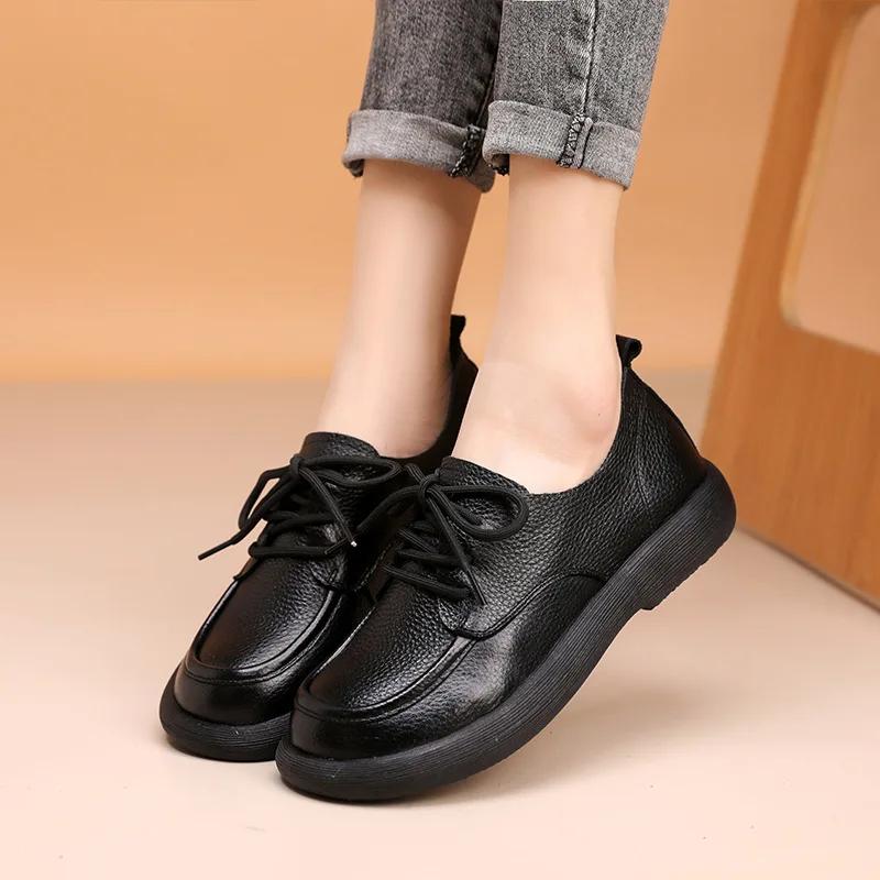 Spring New Women Shoes Genuine Leather Retro Loafers Soft Bottom British Comfortable Lace Up Anti Slip Casual Shoes 2025