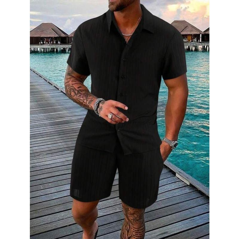 Men Casual Loose Short Sleeve Shirt And Shorts Beach Quick Dry Two Piece Set