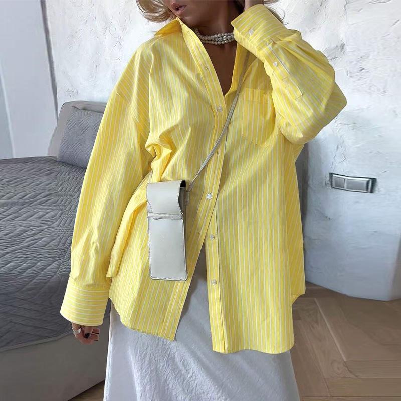 Women Casual Shirt Spring Autumn Polo Neck Yellow Stripe Button Long Sleeve Blouse Harajuku Women s Oversized Cardigan Shirts S