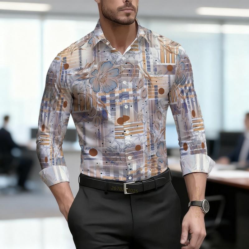 Men's Shirt, Ethnic Style Diamond Shaped Geometric Printed Long Sleeved Shirt, Business Casual Spring and Autumn Collar Shirt