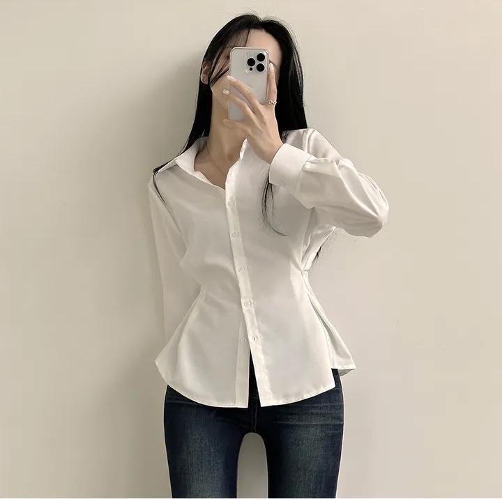Cămașă minimalistă coreeană cu culoare uni, cu talie legată, pentru slăbit, cu mâneci lungi, pentru femei