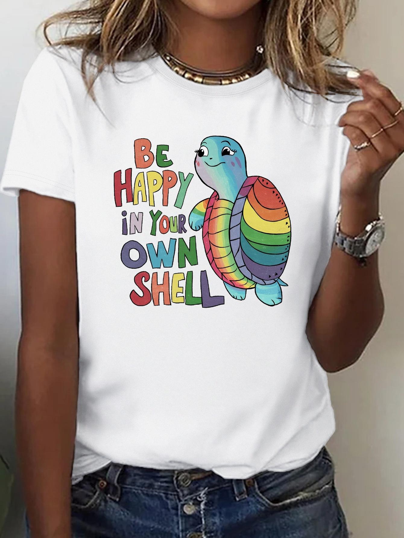 

Rainbow Turtle Print Crew Neck T-shirt, Casual Short Sleeve Top For Spring & Summer, Women s Clothing S разноцветный