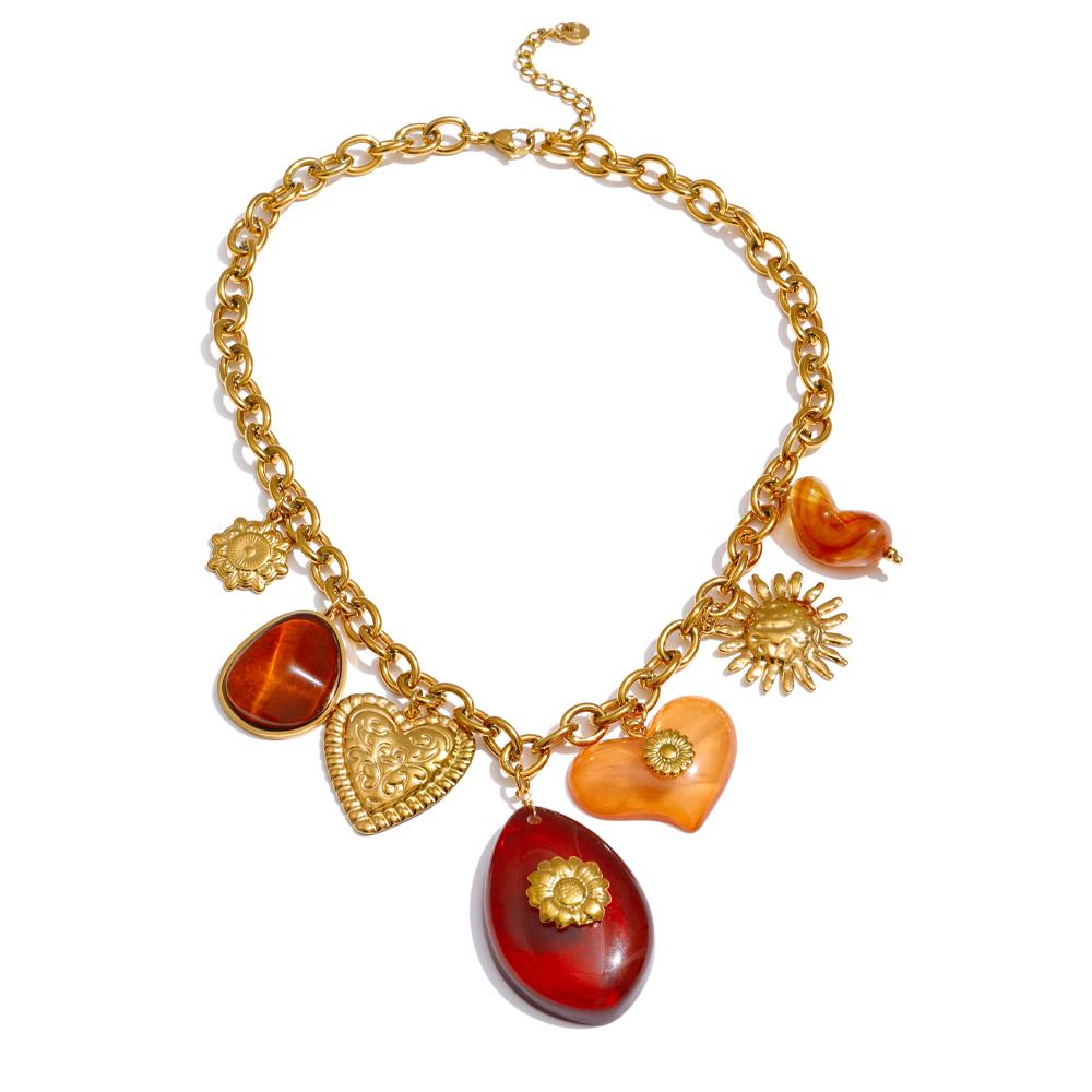 Yhpup Red Resin Oval Heart Sun Drop Necklace Golden 316L Stainless Steel Summer Charm Collar Jewelry Waterproof 2025