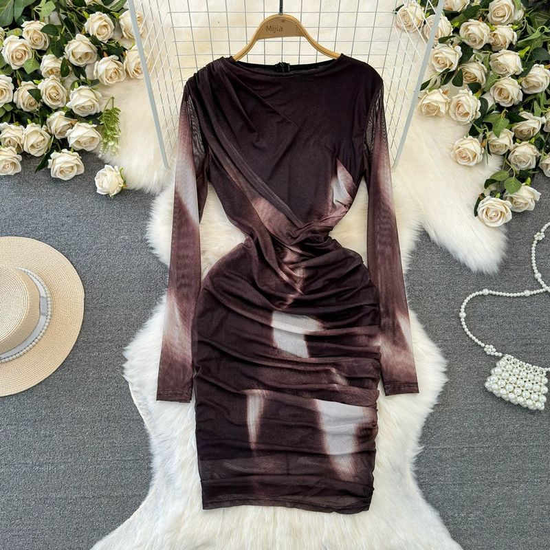 

Fashion Fashion Long Sleeve Blooming Print Dress Mesh Brown Apricot Tie-Dye All yards
