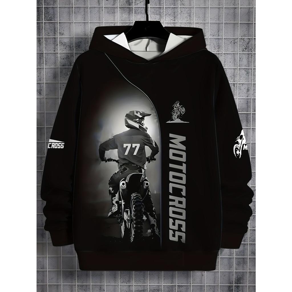 Boys' Fashionable Off-road Motorcycle 3D Printed Long Sleeved Hooded Sweatshirt, Boys' Spring and Autumn Sportswear