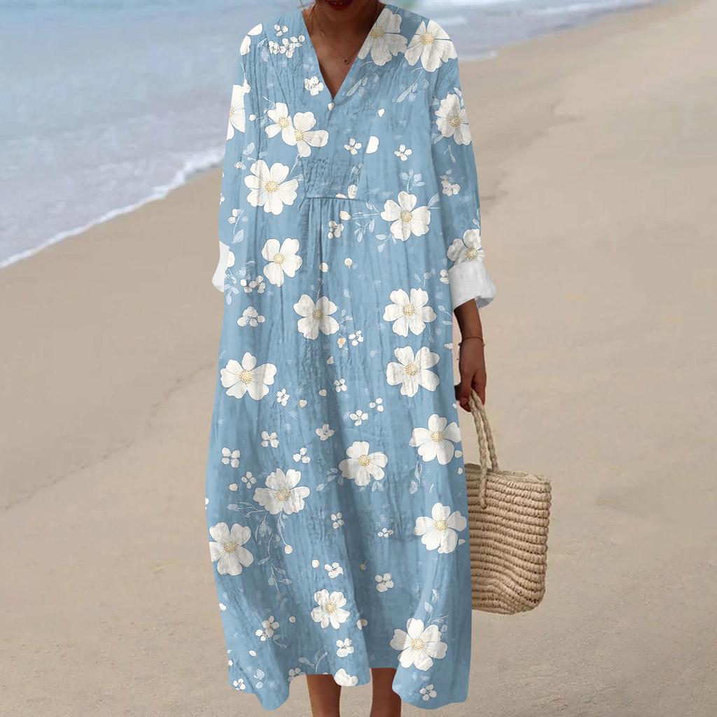 Dámské ležérní módní maxi šaty s výstřihem do V a dlouhým rukávem s květinovým potiskem