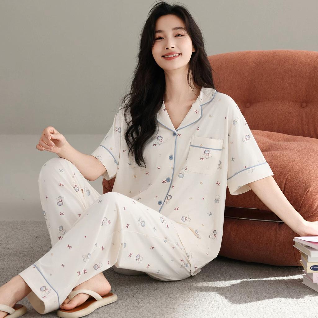 1011 New Lyocell cotton pajamas women's summer with chest pads, short sleeves and trousers, high-end loungewear set