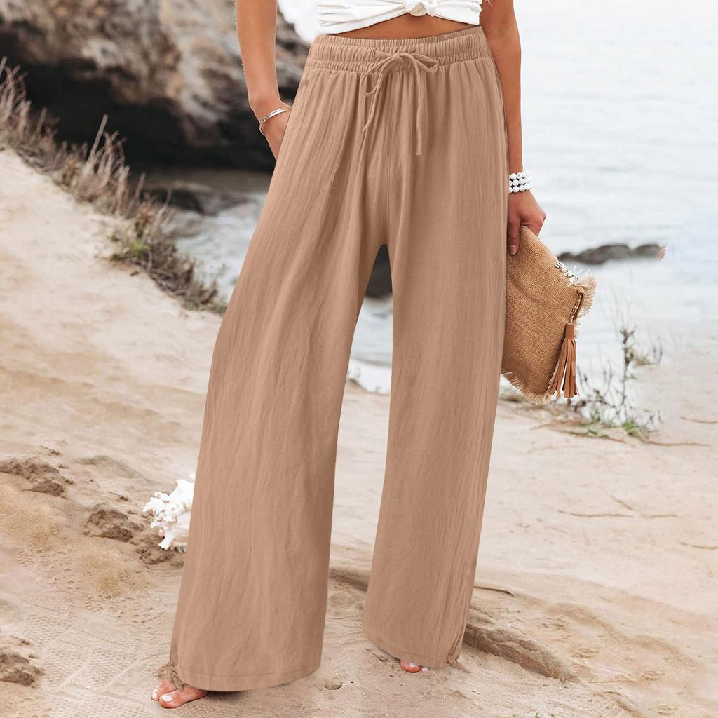 Women's Casual Fashion Color Elastic Waistband Pocket Wide-Leg Straight-Leg Pants