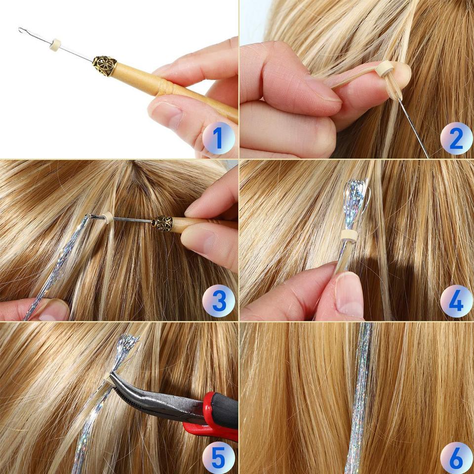 48 Inch Synthetic Hair Tinsel Kit With Tool Tinsel Hair Extensions 12 Colors Fairy Hair Tinsel Sparkling Shiny Hair