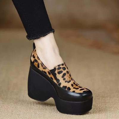 Handgemaakte damesschoenen 10cm klein leer enkele schoenen comfortabel waterdicht tafel hoge hak verhoogde sleehak muffin loafers