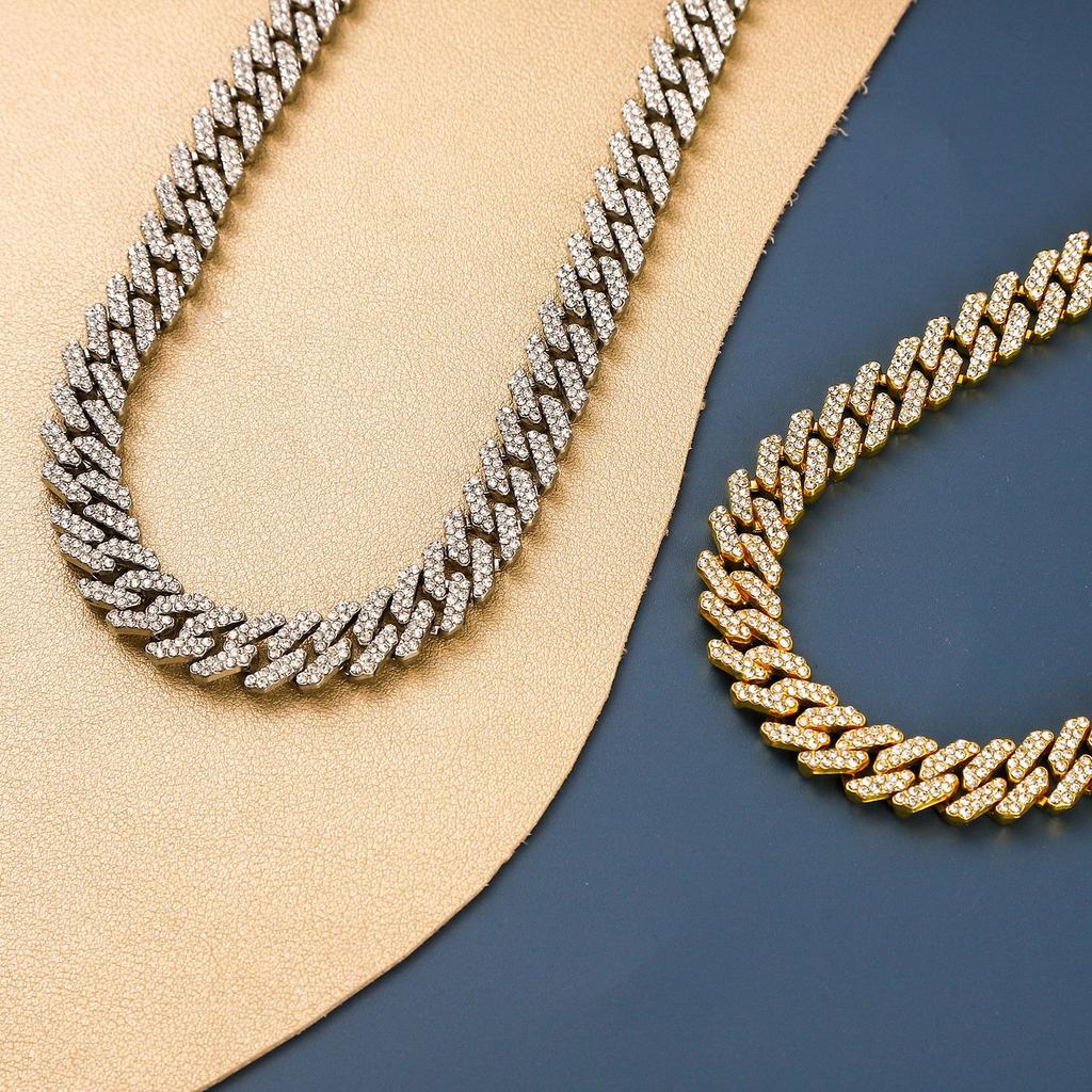 Cuban Chain, 12mm, Diamond Shaped, Men's and Women's Necklace, Rhinestone, Button, Sweater Chain, Light Luxury and High-end Feel, Hip-hop Style