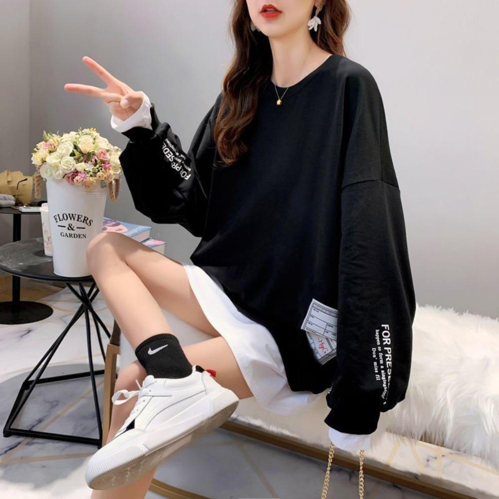Women's Plus Size Fake Two‑Piece Sweatshirt Letter Print Long Sleeve Crew Neck Loose Casual Pullover Tops