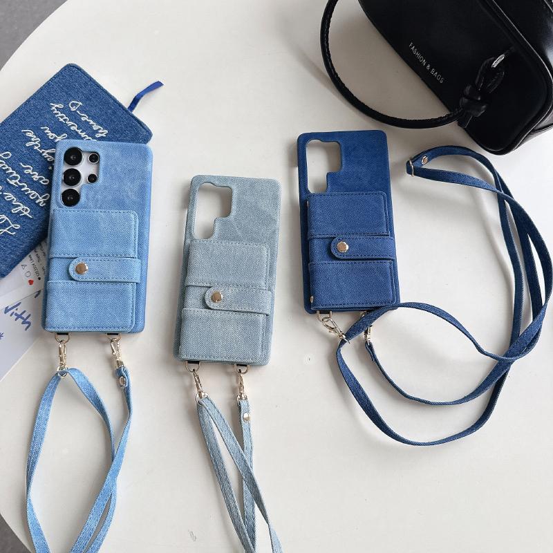 Luxury Solid Color Denim Wallet Card Slot One Buckle Lanyard Phone Case For Samsung S25 Ultra S23 S24 Ultra Bumper Back Cover