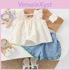 Adorable Girls Summer 2023 Sleeveless Ruffled Lace Tank Top And Denim Shorts Set