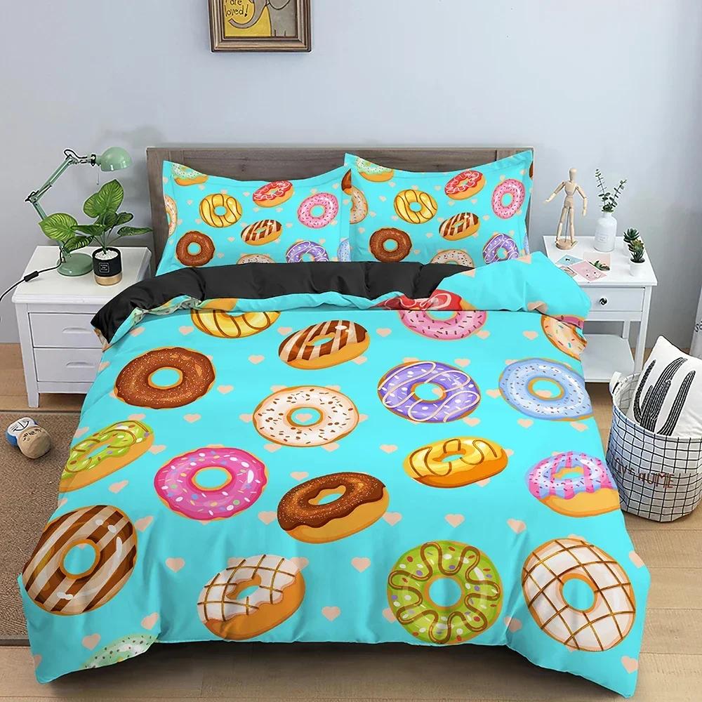 Donut Print Comfortable Duvet Quilt Cover Pillowcase Bedding Set Children Bedroom Decoration Home Textile