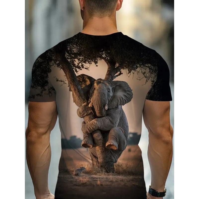 Men's 3D Elephant Print T-shirt Short Sleeved T-shirt Breathable Polyester Round Neck Casual Streetwear Top