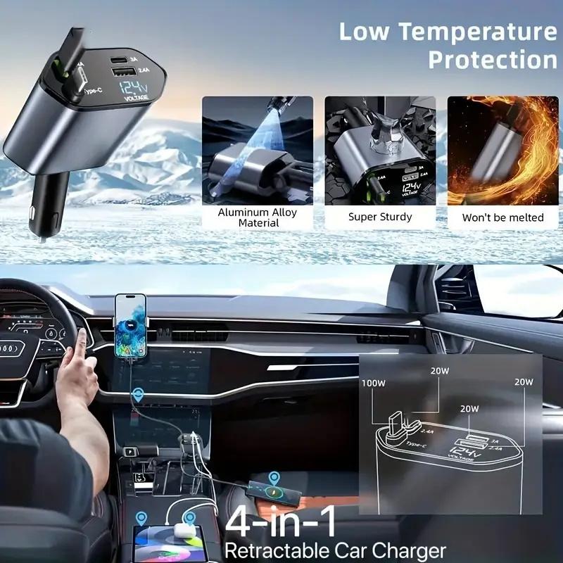 4-in-1 Fast Retractable Car Charger -120W Type Adapter With 2X Retractable PhoneCables, 2X USB Ports