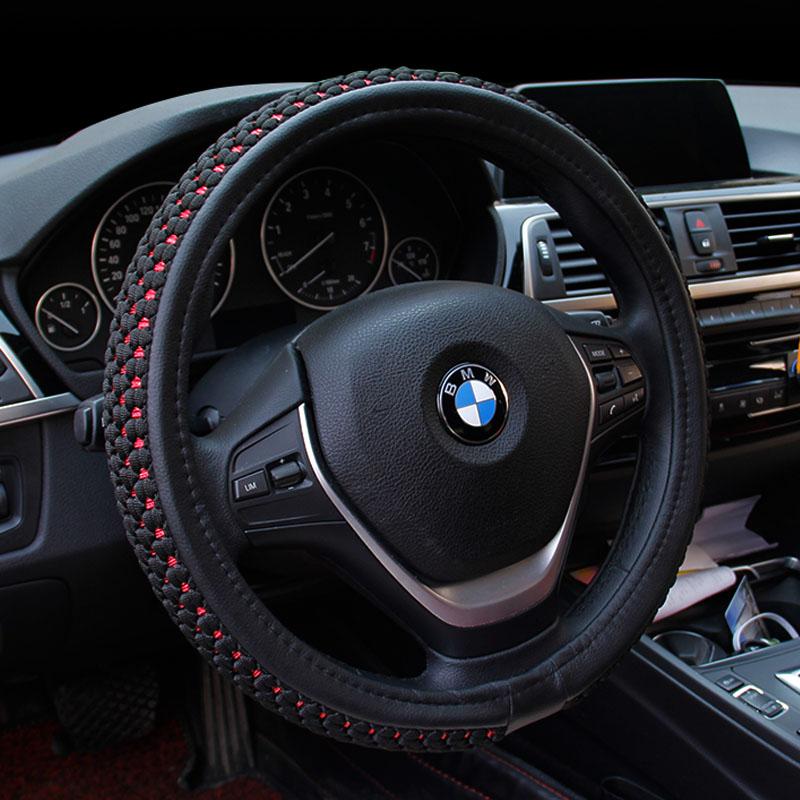 KKYSYELVA Leather+ Silk Car Steering Wheel Covers for Car Bus Truck 36 38 40 42 45 47 50cm Diameter Auto Steering-wheel