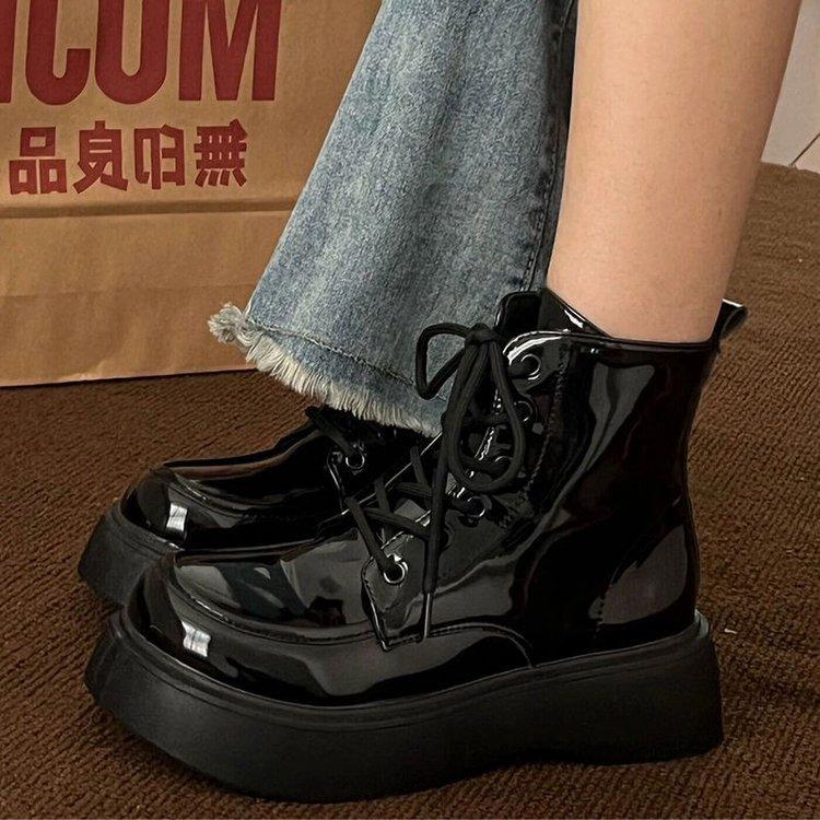 After communication, place an order for Martin boots, rubber round head PU middle heel () medium tube boots, muffin bottom.
