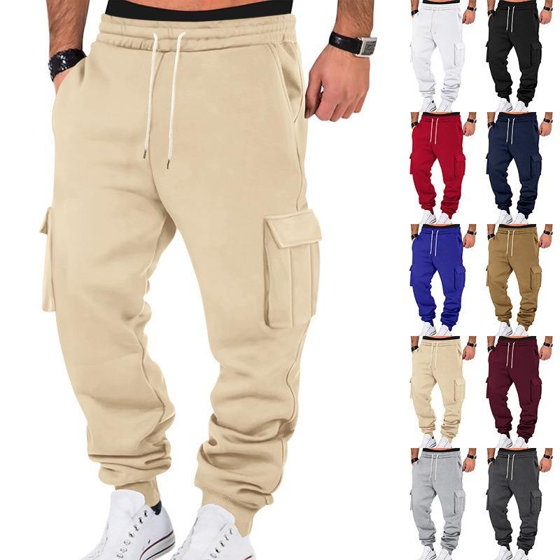 Men Fleece Casual Cargo Pants Loose Multi Pocket Drawstring Long Trousers